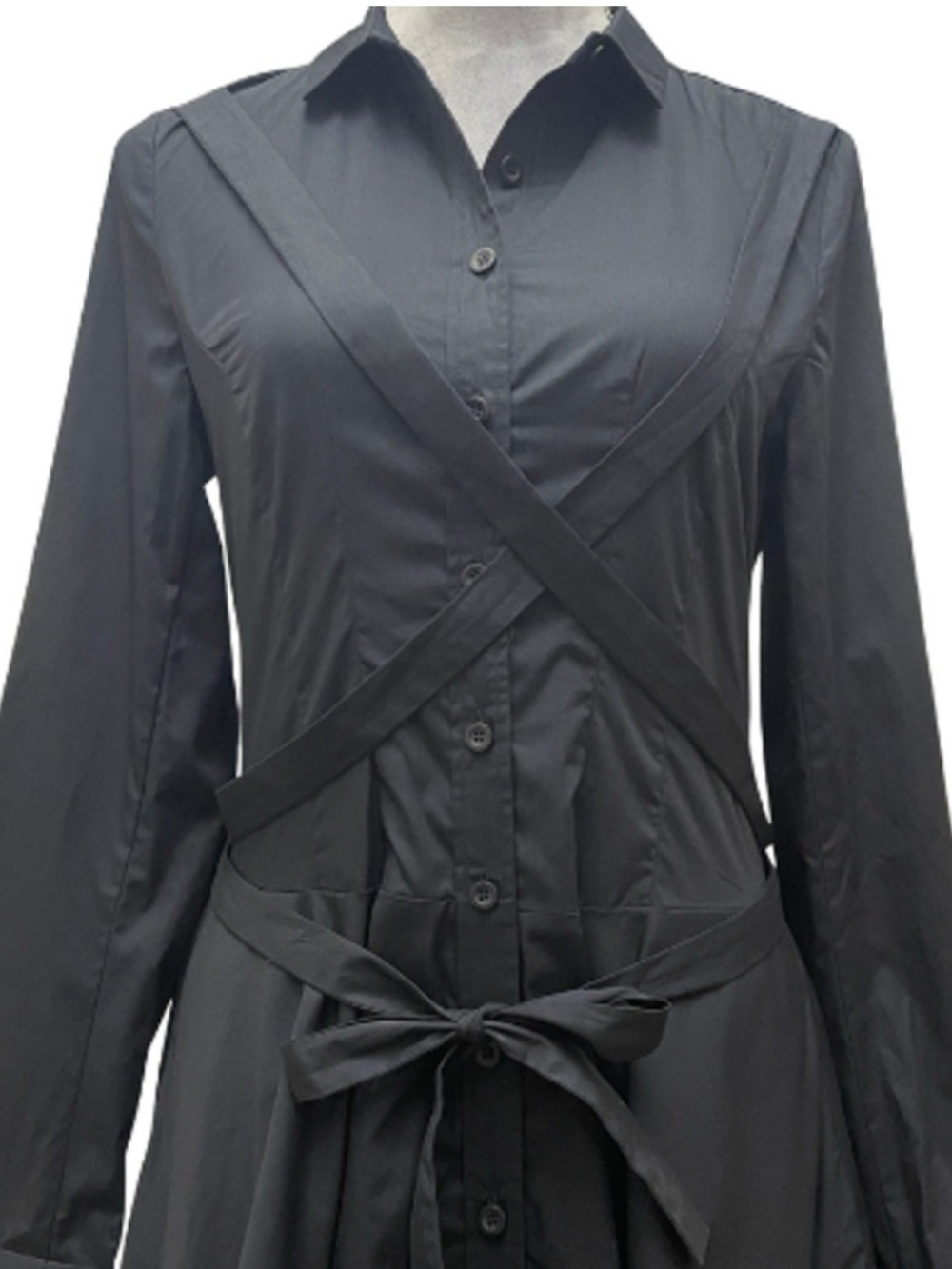Black Shirt Dress XL NWT Tie Waist Button Front Long Sleeve Poplin Dress